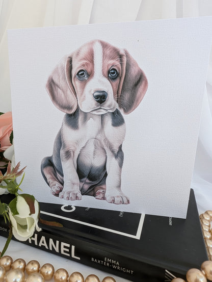 Close up of cute watercolour style Beagle puppy greeting card, printed on 6x6inch square white linen 300gsm card
