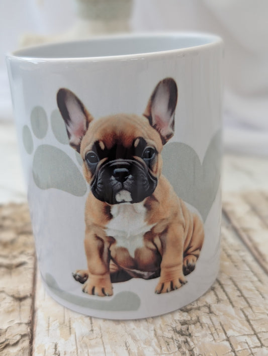 Ceramic Dog mug with fabulous watercolour image of tan and white French Bulldog against a background of soft grey colour hearts, bones and pawprints.