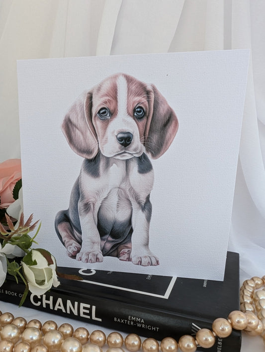 Cute watercolour style Beagle puppy greeting card, printed on 6x6inch square white linen 300gsm card