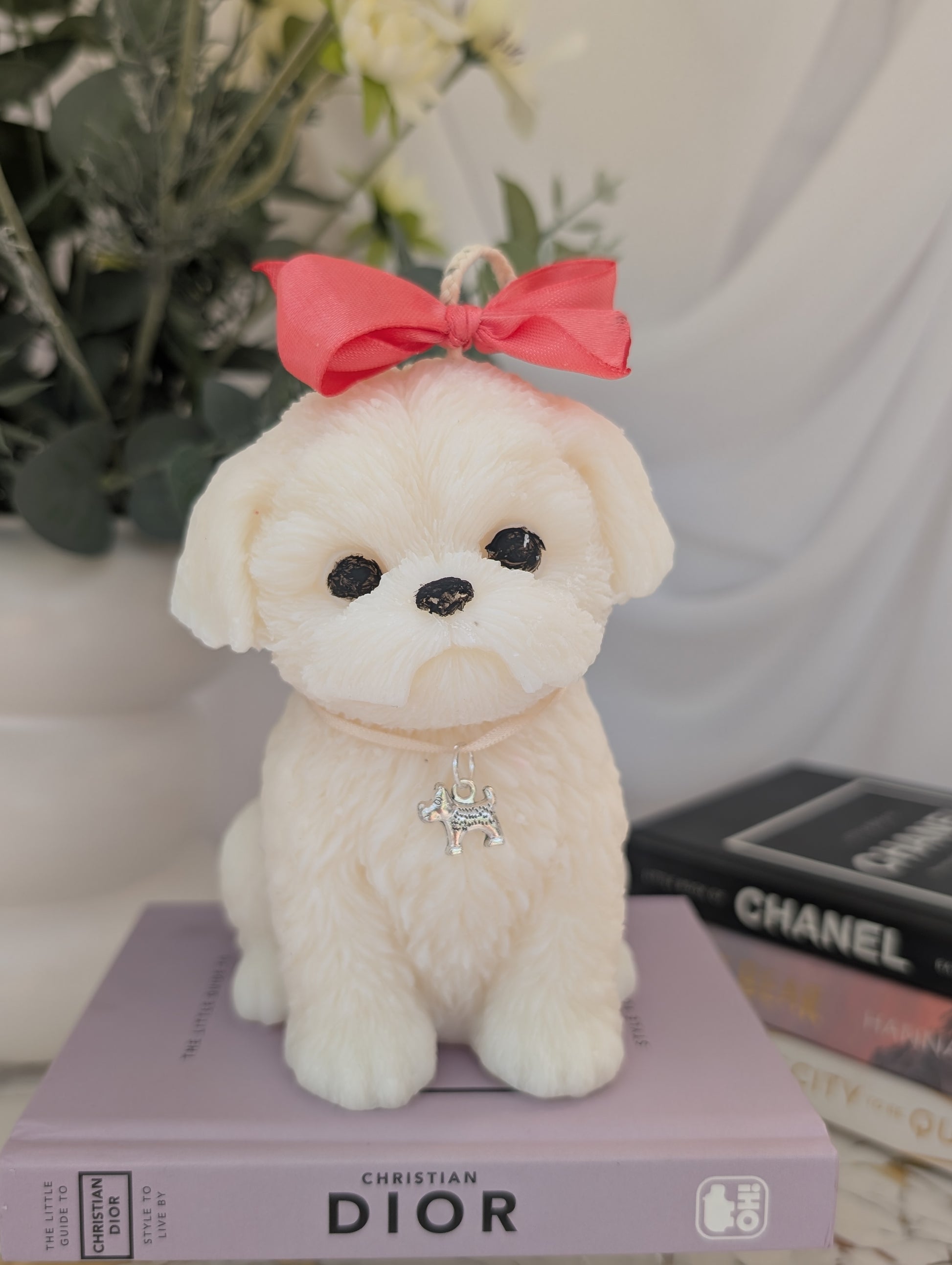 dog shaped candle - shih tzu natural colour coconut and rapeseed wax with pink ribbon and removable charm