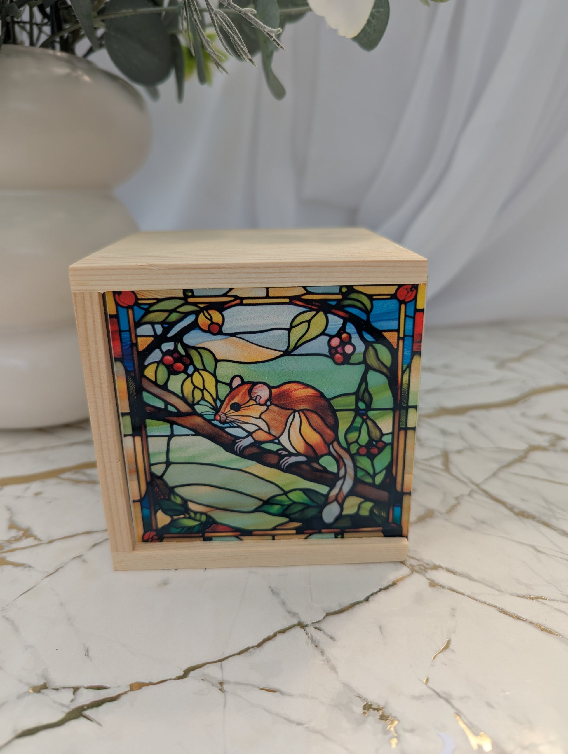 Wooden Dormouse Trinket box with stained glass style mdf sliding lid - 10 x 10 x 10