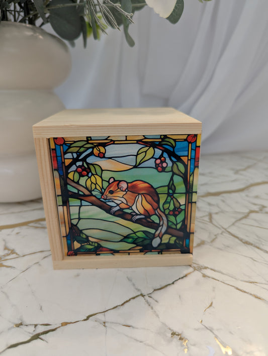 Wooden Dormouse Trinket box with stained glass style mdf sliding lid - 10 x 10 x 10
