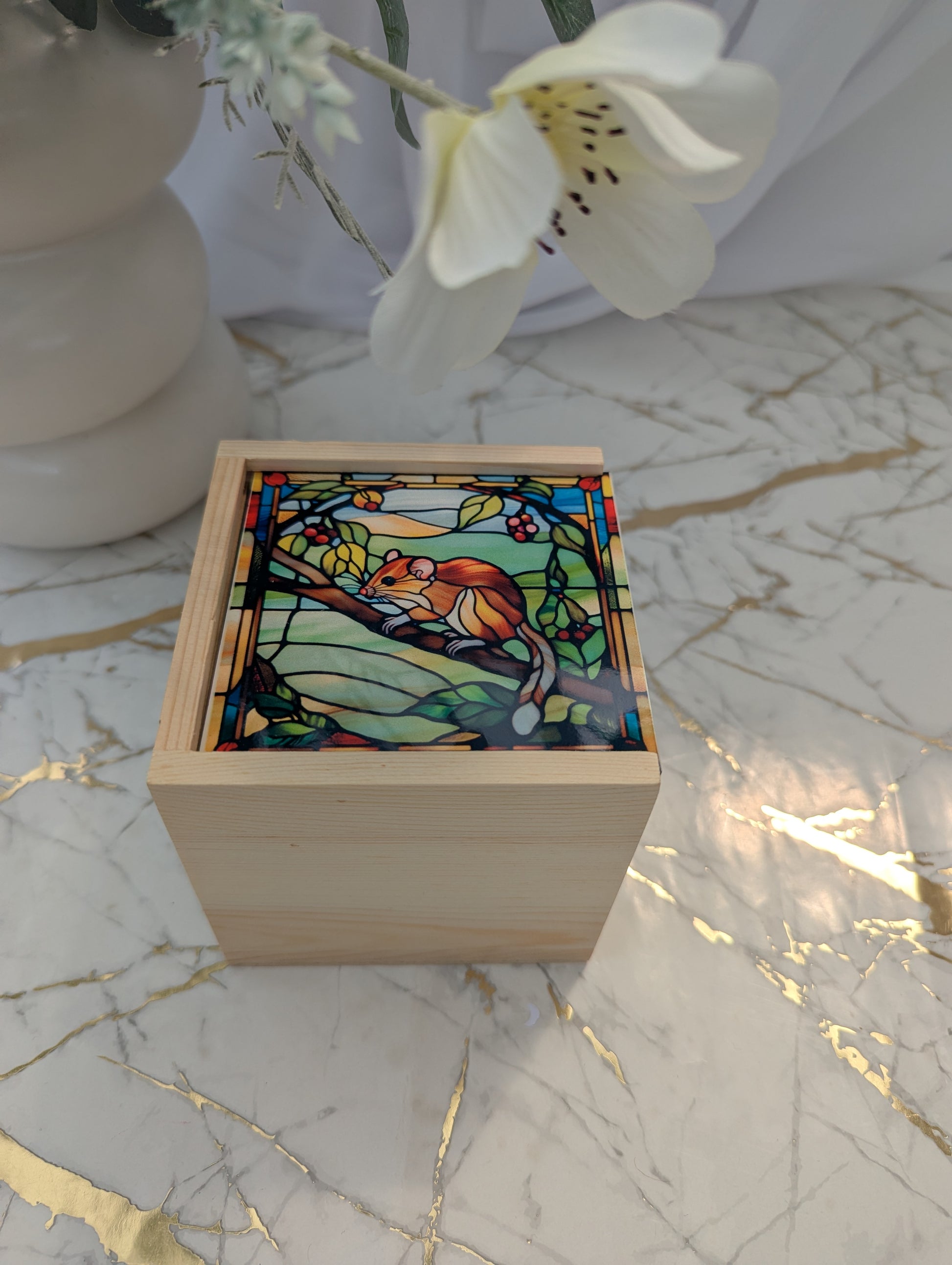 Top view of Wooden Dormouse Trinket box with stained glass style mdf sliding lid - 10 x 10 x 10