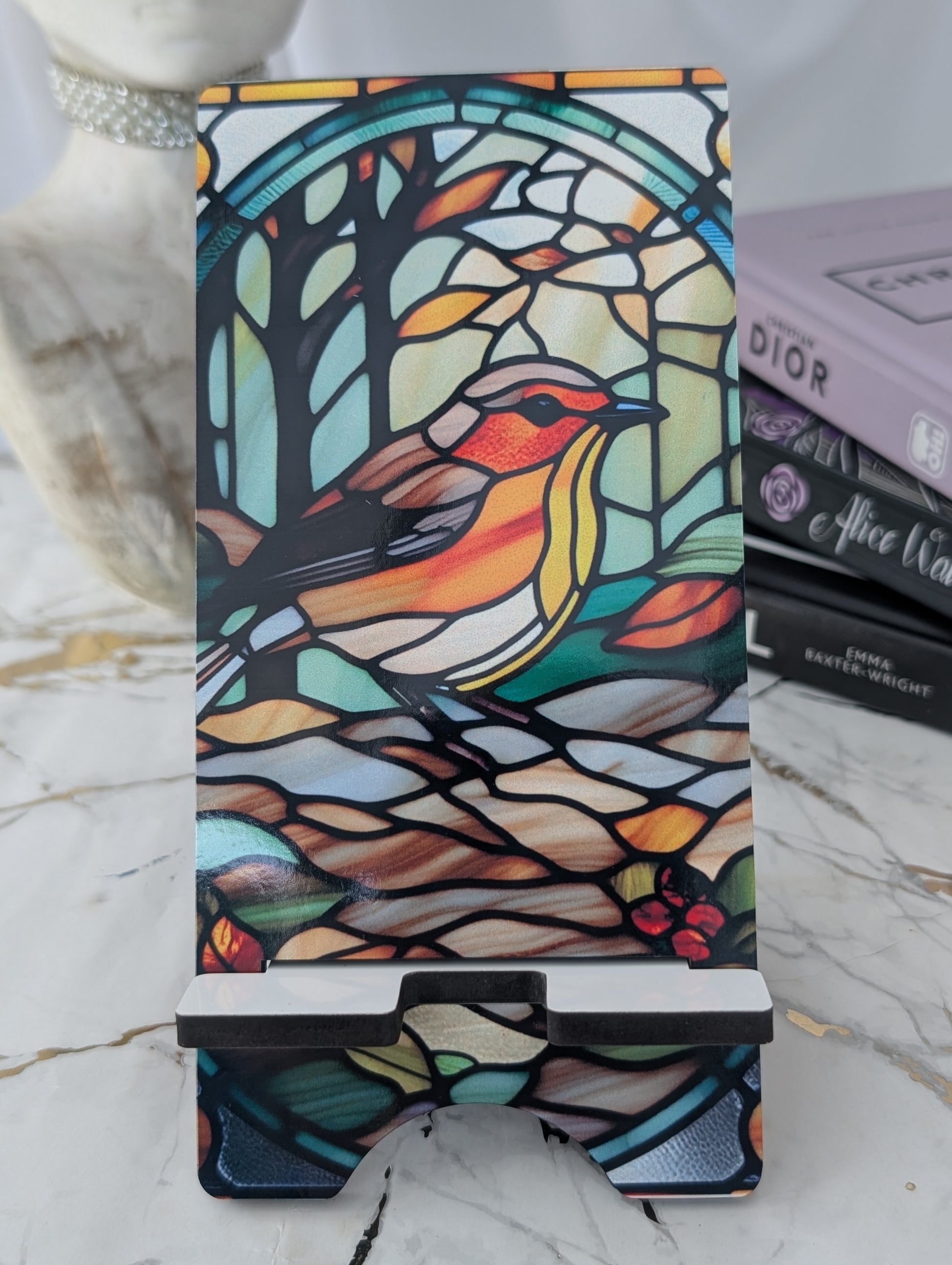Christmas gift idea - colourful robin mobile phone stand.  MDF with stained glass robin design