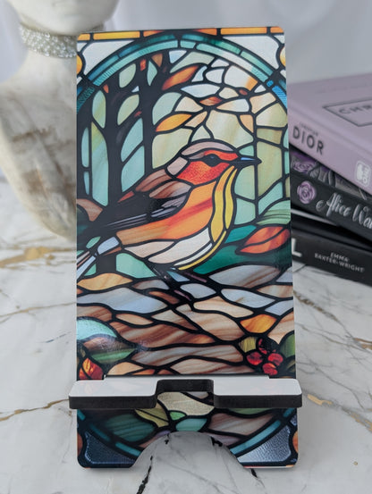 Christmas gift idea - colourful robin mobile phone stand.  MDF with stained glass robin design