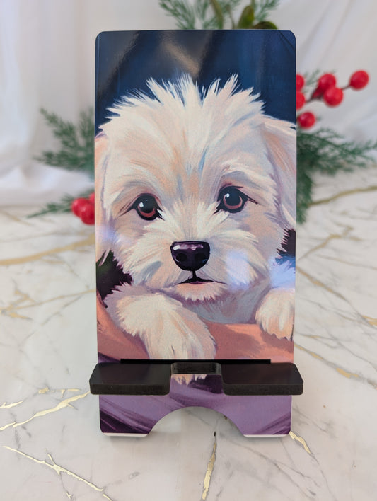 Mobile Phone stand with a cute white puppy in oil painting style on a decorative background.  