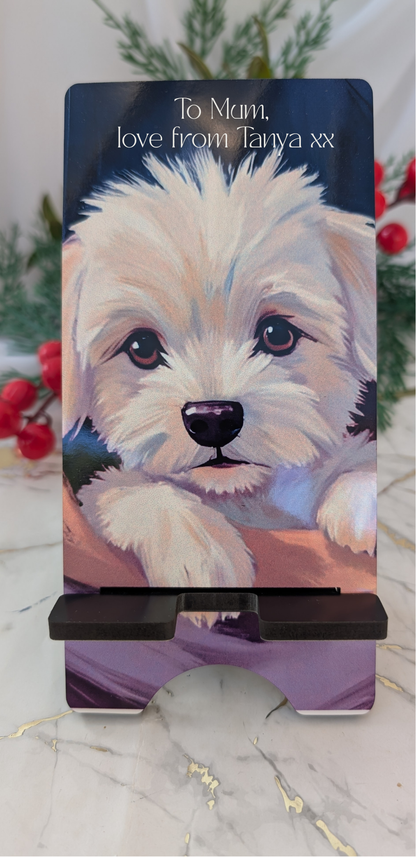 Personalised gift - mobile phone stand with white cockapoo puppy illustration