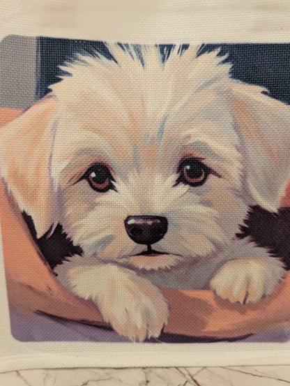 Close up detail of oil paint style design on Paws and Glow linen blend tote bag