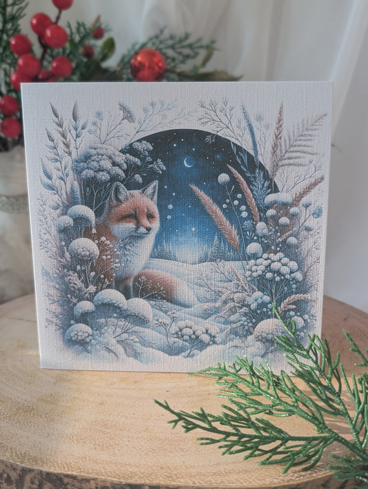 Fox Christmas Card - Fox peeping out of wintry foliage