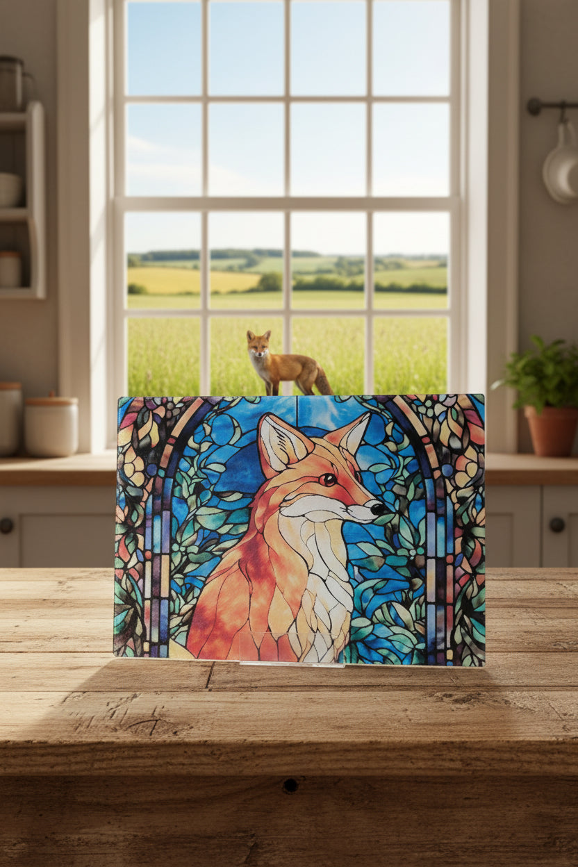 Colorful stained glass-style fox design chopping board in a country style kitchen 