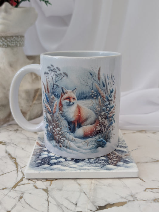 Beautiful Fox Mug from Paws and Glow.  Winter Fox design sublimated onto a white ceramic mug - dishwasher and microwave safe