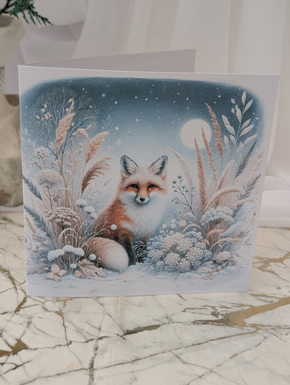 Greeting card with a fox illustration in a snowy landscape on a marble surface.