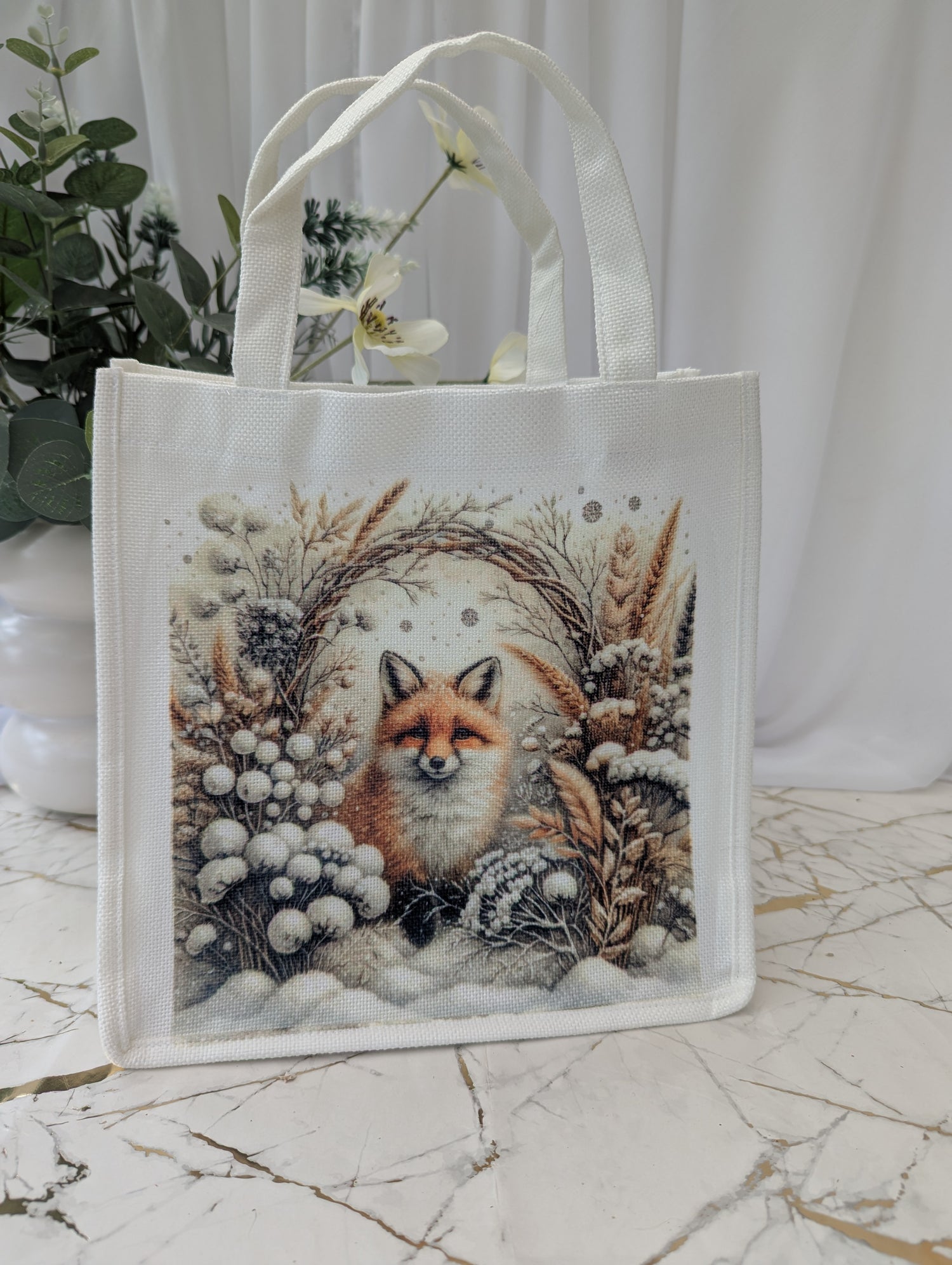 Fox Tote Bag - winter fox design on white linen blend tote with short handles