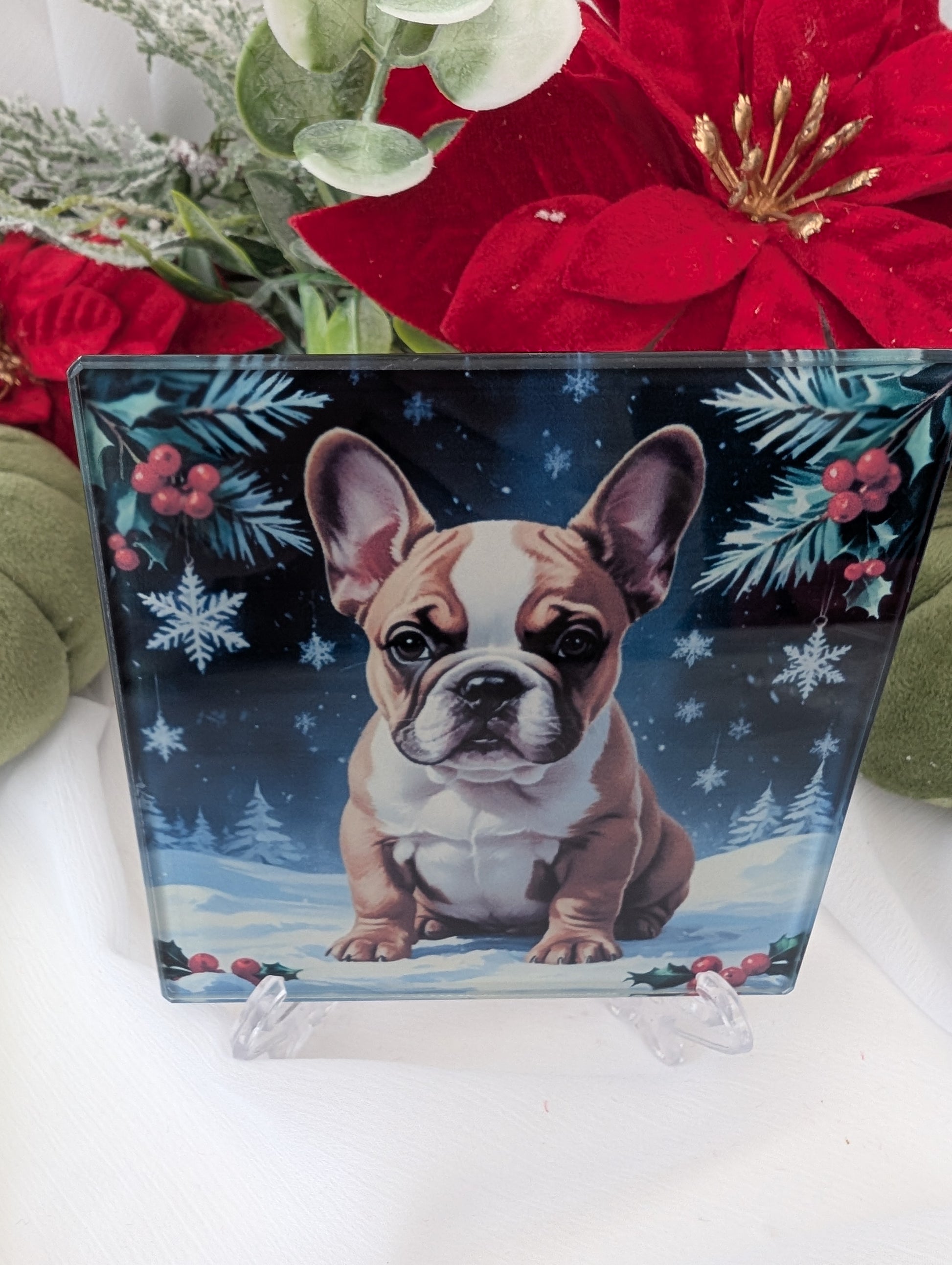 French Bulldog gift.  Decorative glass Christmas themed coaster with a French Bulldog illustration on a festive background with flowers.