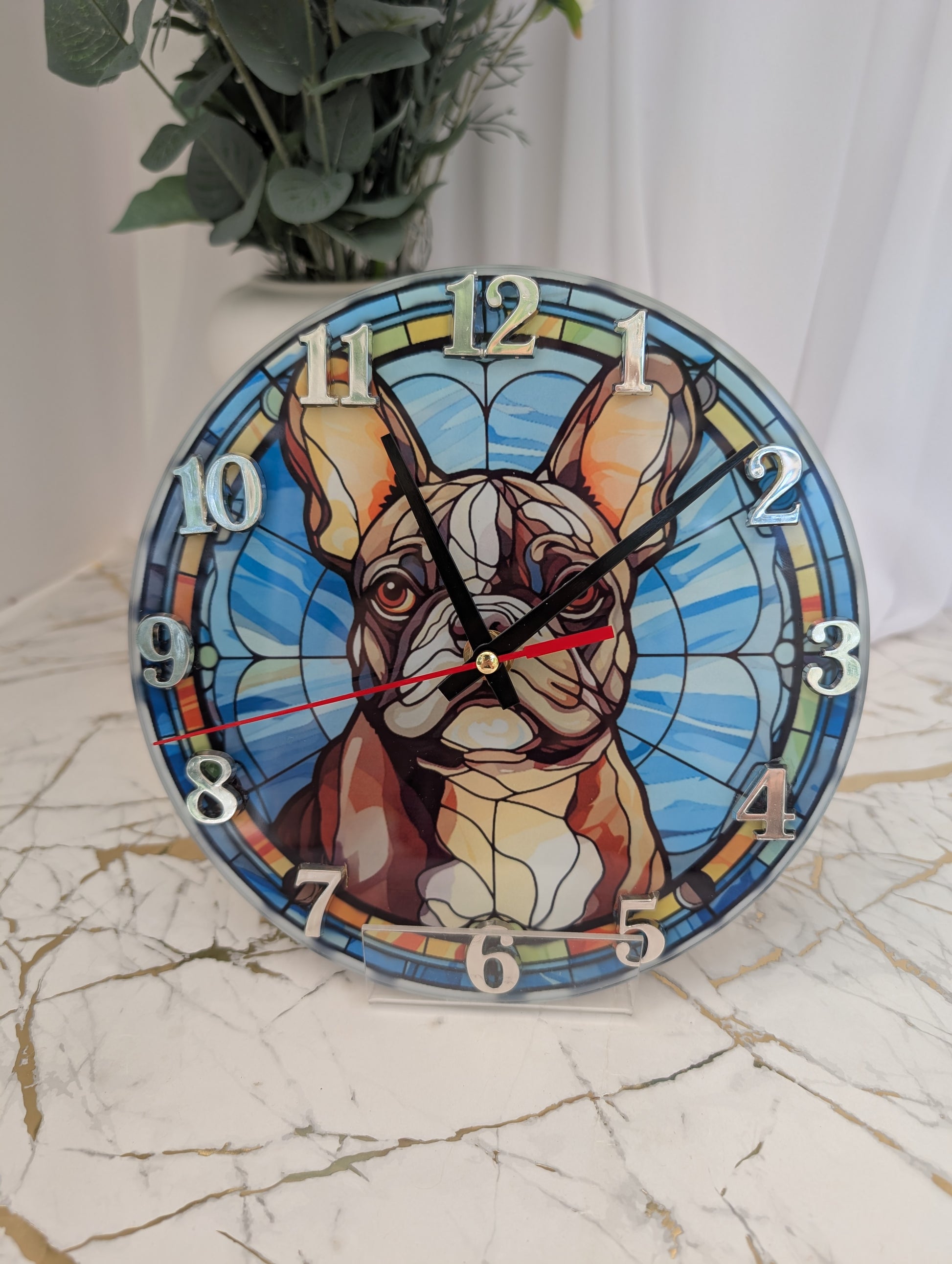 French Bulldog Wall clock in blue themed stained glass effect design, 20cm diameter round with silver numerals and black clock hands