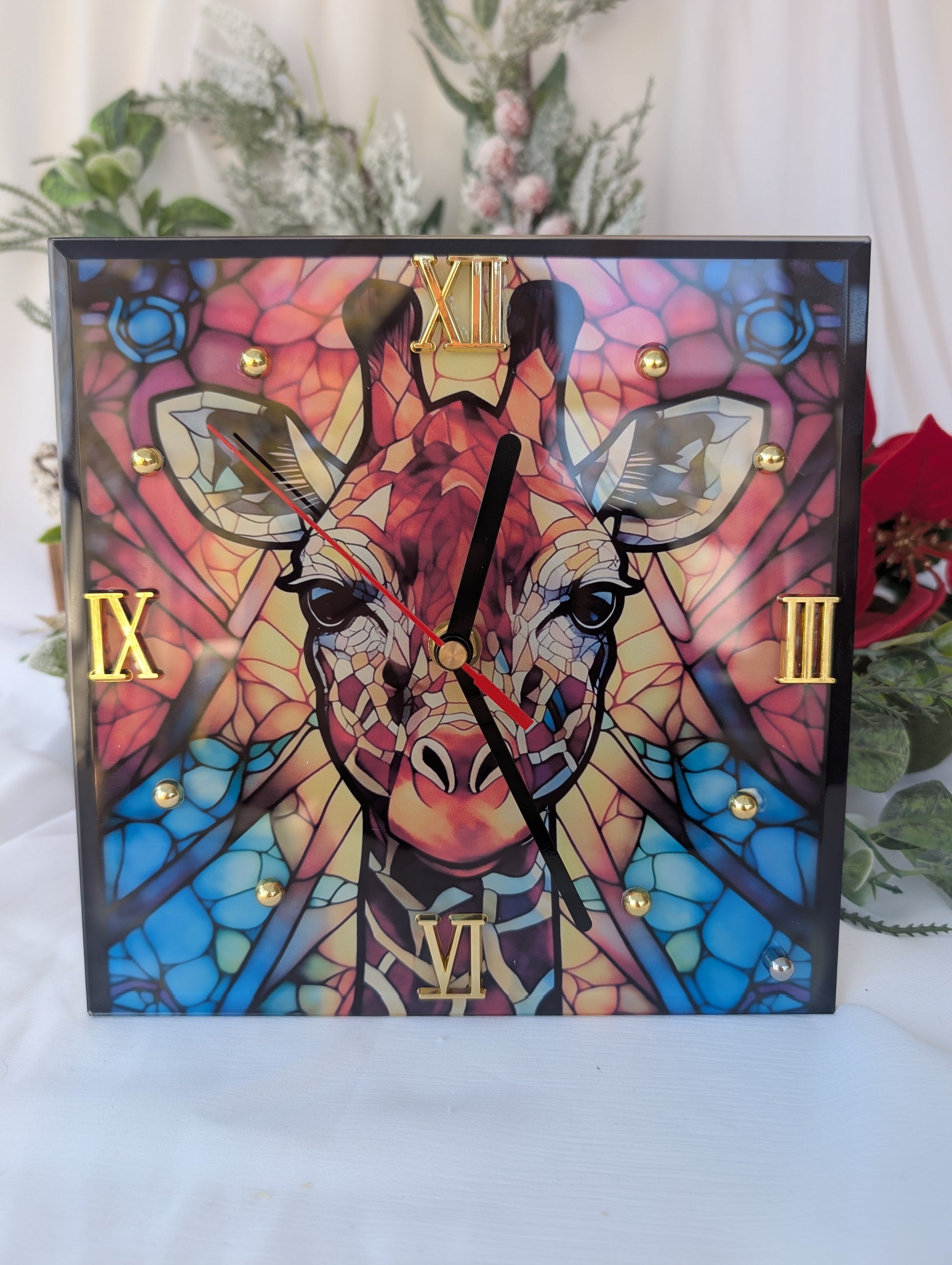 Bright Giraffe Clock - vibrant colours giraffe face stained glass design toughened glass wall clock with gold roman numerals