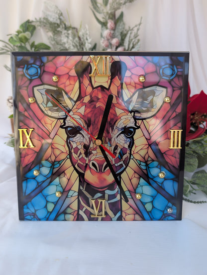 Bright Giraffe Clock - vibrant colours giraffe face stained glass design toughened glass wall clock with gold roman numerals