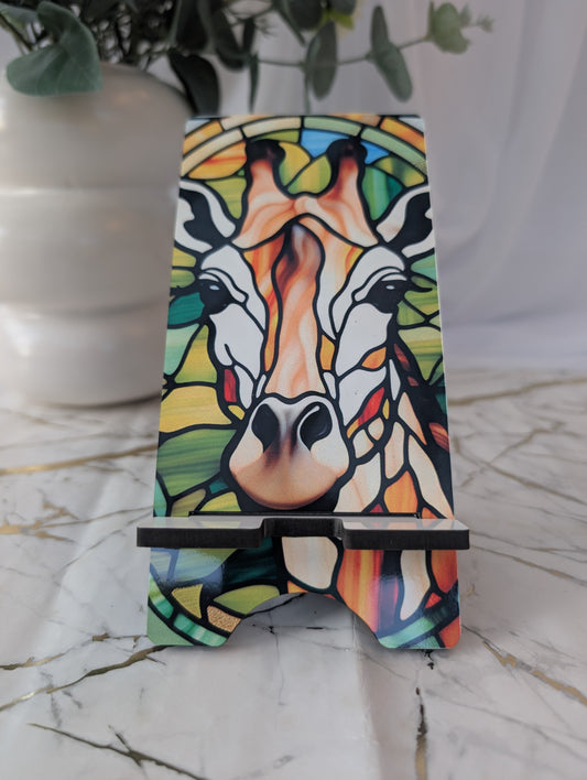 Mobile phone stand in sturdy MDF with a stunning stained glass style giraffe print