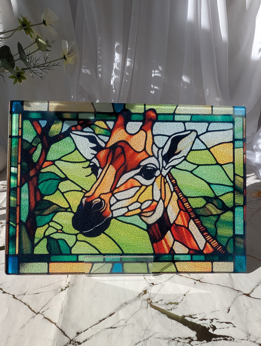 stained glass style Giraffe chopping board.  Made from toughened glass it's the perfect gift for giraffe lovers