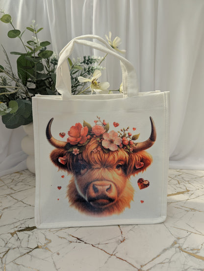Highland Cow white linen blend tote bag  with flowers