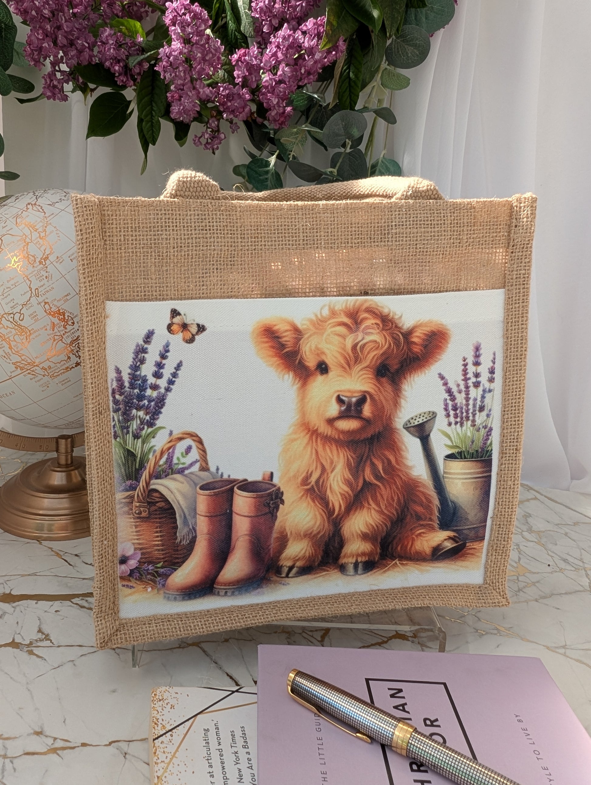 Highland Cow Gifts for her - Decorative highland cow jute tote bag 
