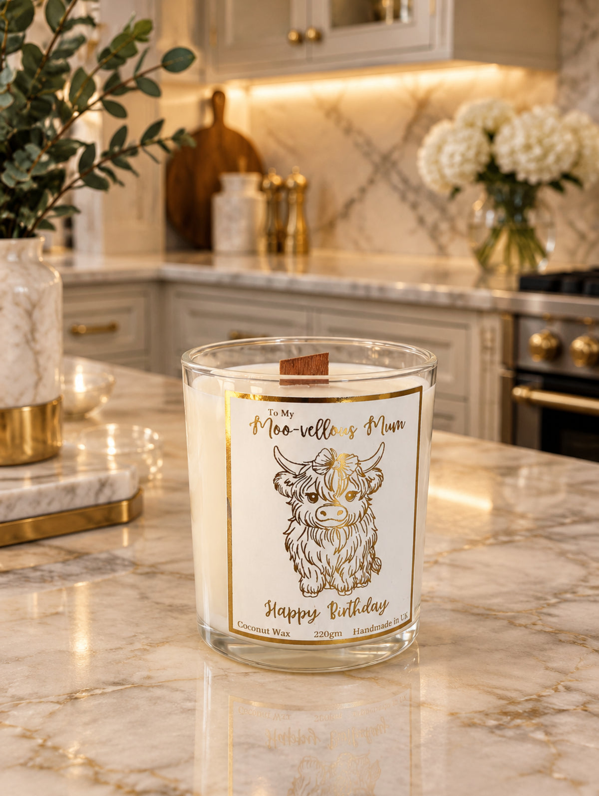 Highland cow birthday candle by Paws and Glow.  Moo-vellous mum in clear glass candle container with gold foil detail