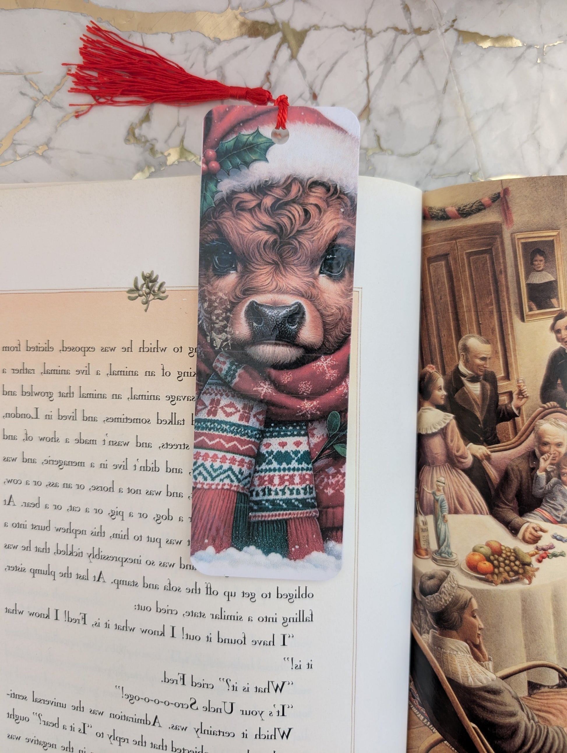 Christmas stocking filler idea - Cute highland cow bookmark - wearing a santa hat and christmas scarf