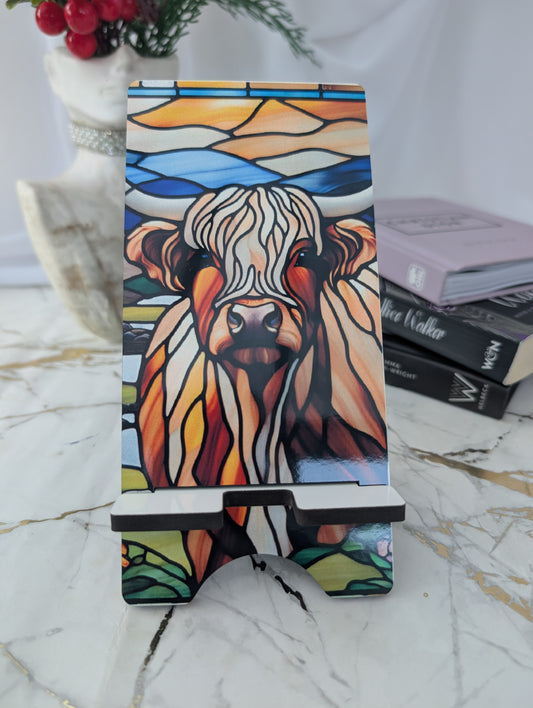 Highland Cow Gift - stained glass style mdf mobile phone stand