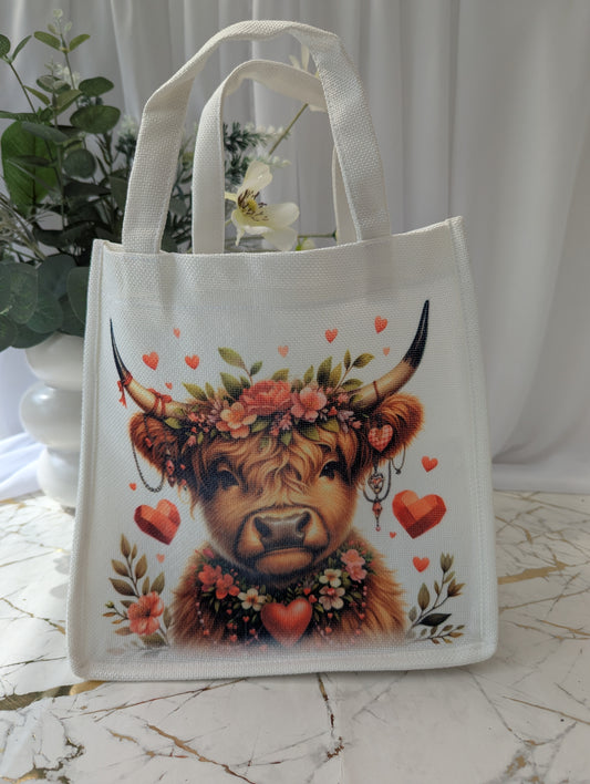 Highland cow gift - tote bag with flowers and hearts