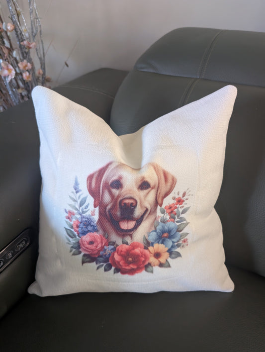 Dog Cushion - with labrador floral design.  Cream linen effect labrador gift