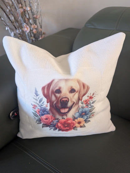 cream linen effect dog cushion with labrador retriever floral design