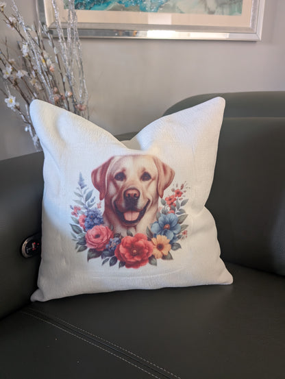 Labrador retriever dog cushion made of cream linen effect fabric pictured on a green leather couch