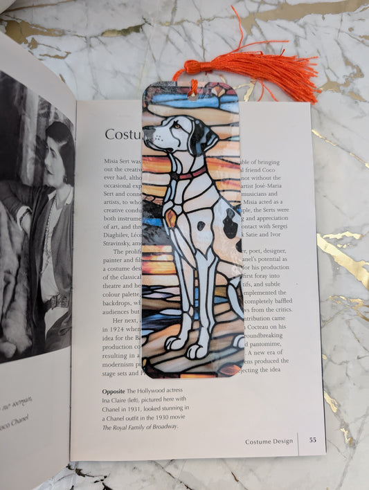 Sitting Dalmation stained glass effect laminated bookmark hand made in the UK by Paws and Glow