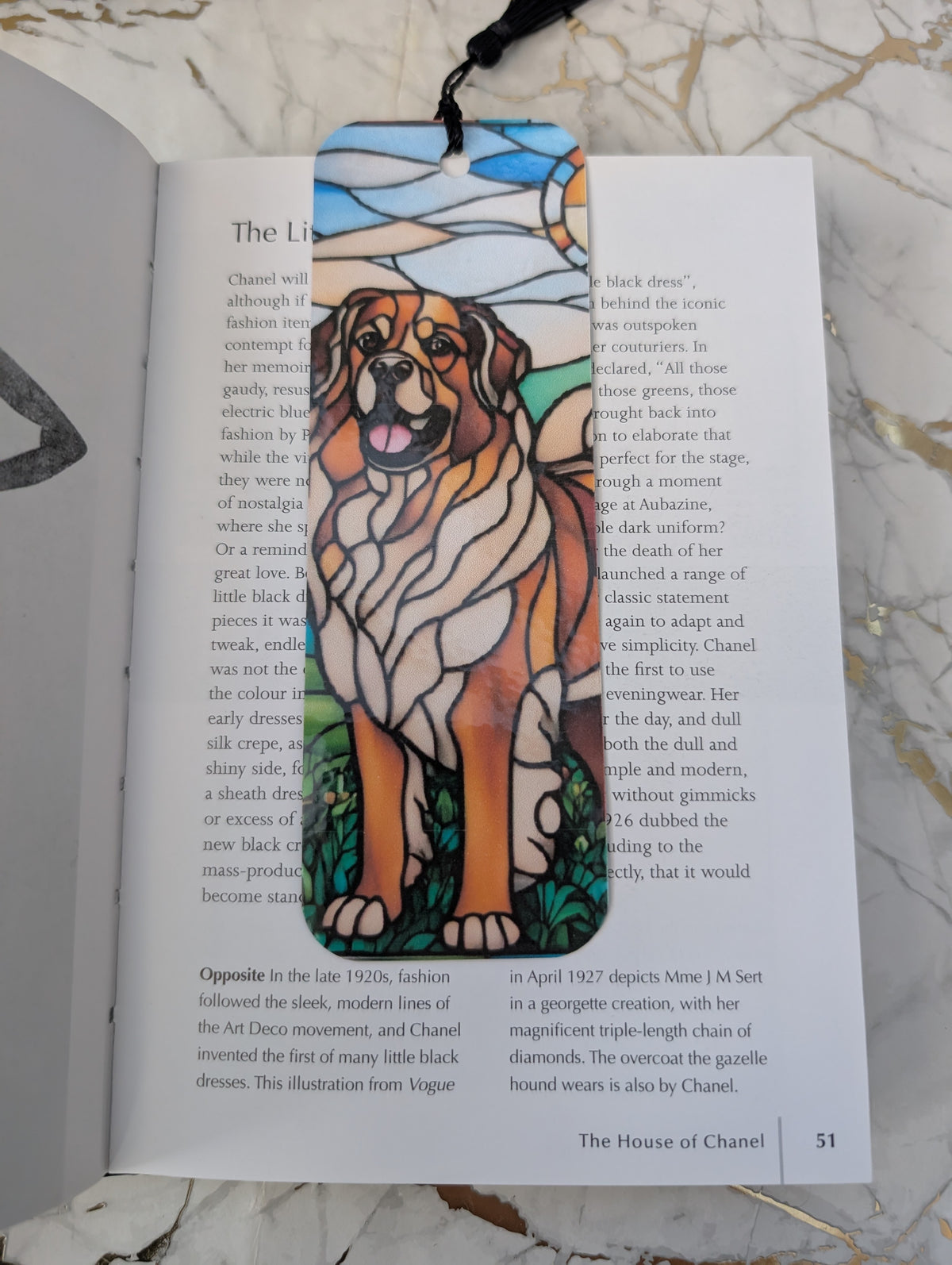 Stained glass style Leonberger dog bookmark.  Handmade and laminated in the UK by Paws and Glow