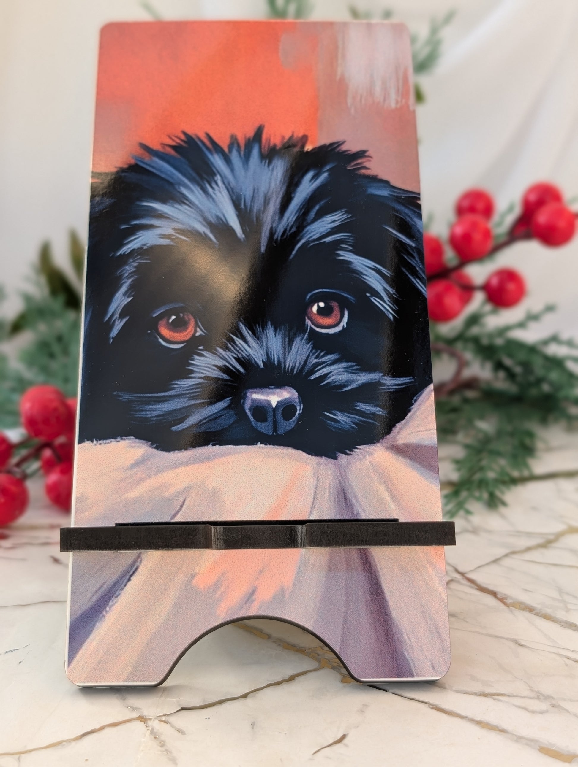 Mobile Phone stand with a dog illustration on a decorative background with berries and greenery