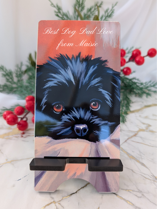 Personalised Festive Gift Idea - mobile phone stand, black cavapoo style puppy peeping over a blanket