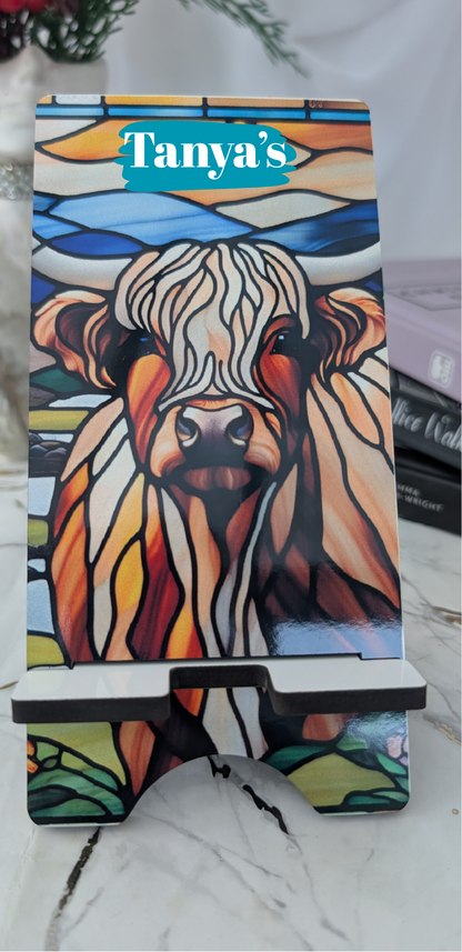 Personalised gift - Colorful phone stand with a highland cow stained glass design
