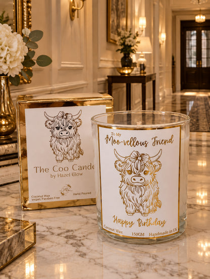 Highland Cow Candle gift by Paws and Glow.  "Moo-vellous Friend, happy birthday" candle in gold foil