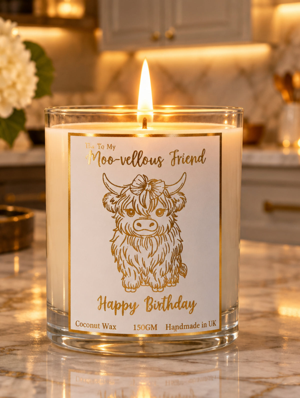Highland cow candle gift "Moo-vellous Friend" by Hazel Glow.  