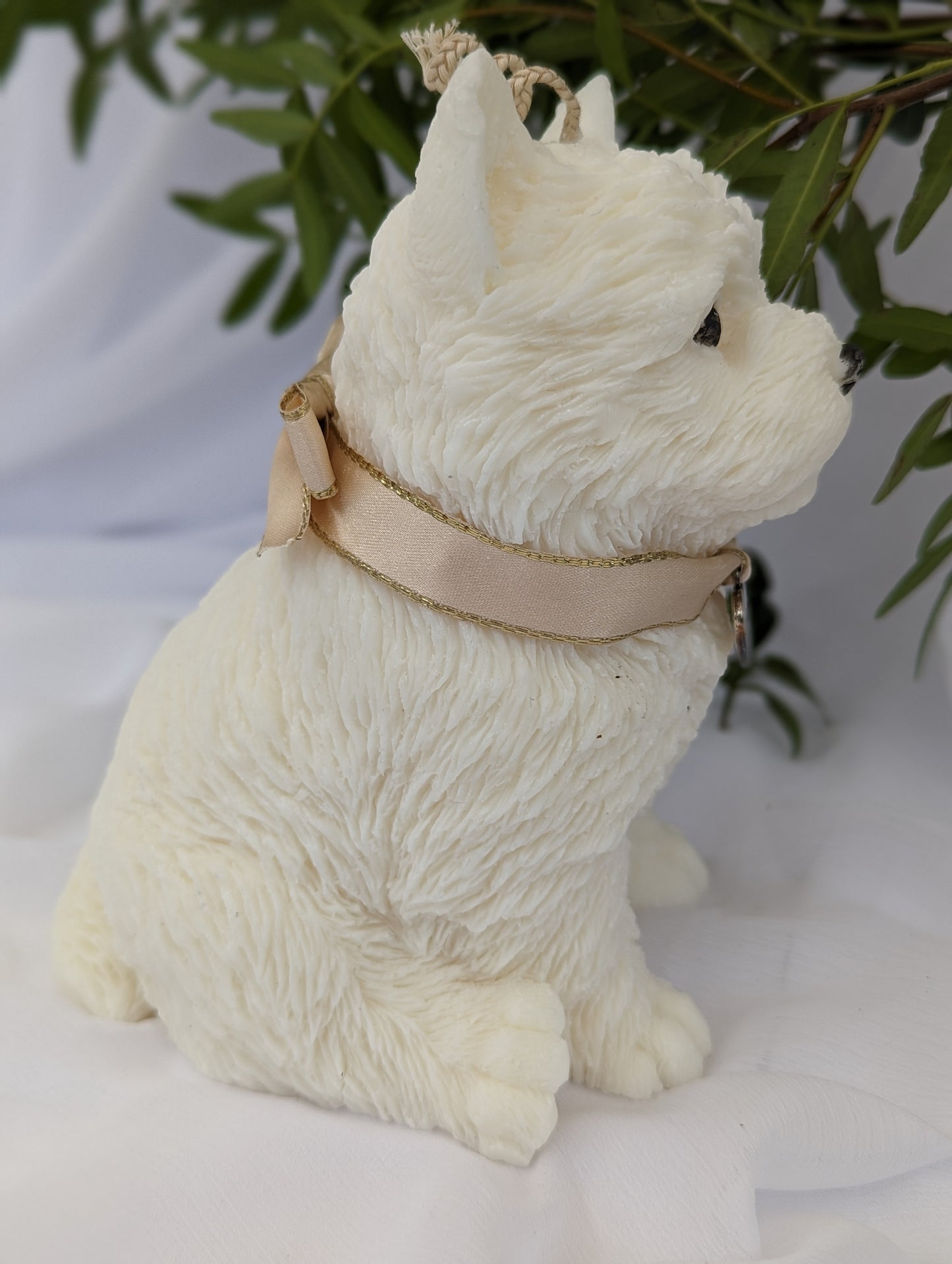 Profile view of coconut and rapeseed wax West Highland Terrier Puppy Candle 