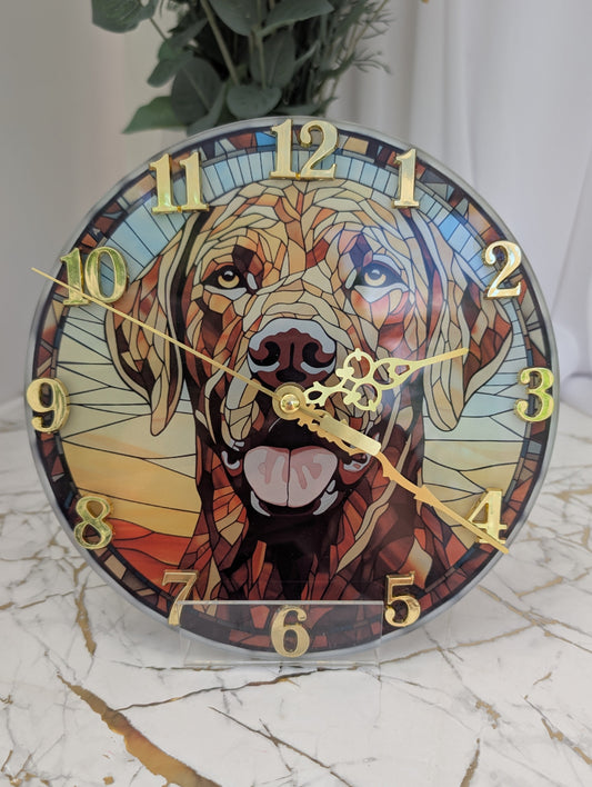 20cm diameter, round,  stained glass style, Labrador wall clock with gold numbers and clock hands