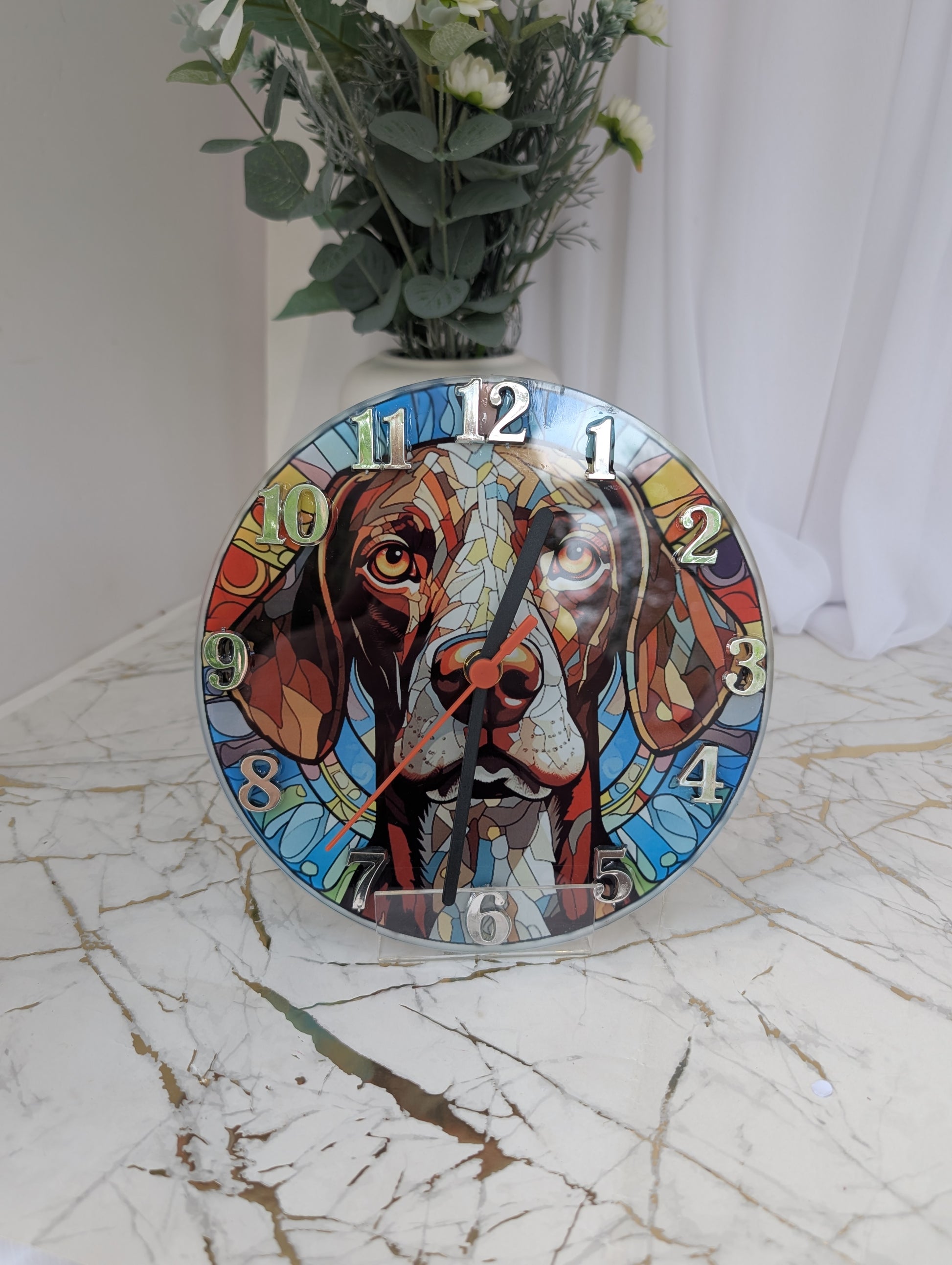 front view of German Short Haired Pointer stained glass effect wall clock.  20cm diameter round, with black hands and silver numerals