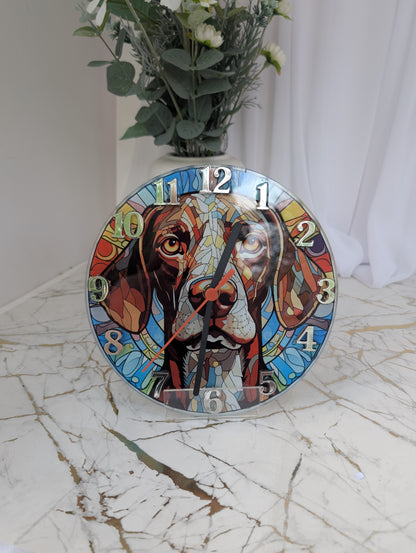 front view of German Short Haired Pointer stained glass effect wall clock.  20cm diameter round, with black hands and silver numerals