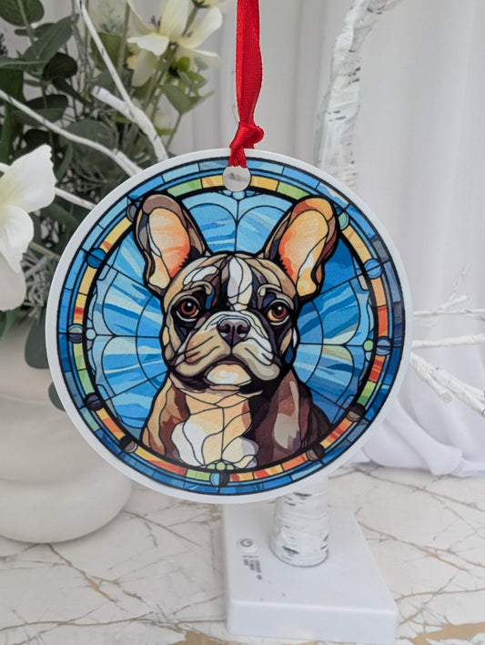 Round, aluminium, stained glass style French bulldog hanging ornament
