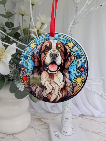 Multicolour, aluminium stained glass style Newfoundland Dog hanging ornament in beautiful blues