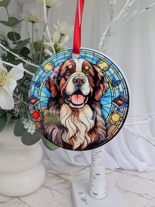 Multicolour, aluminium stained glass style Newfoundland Dog hanging ornament in beautiful blues