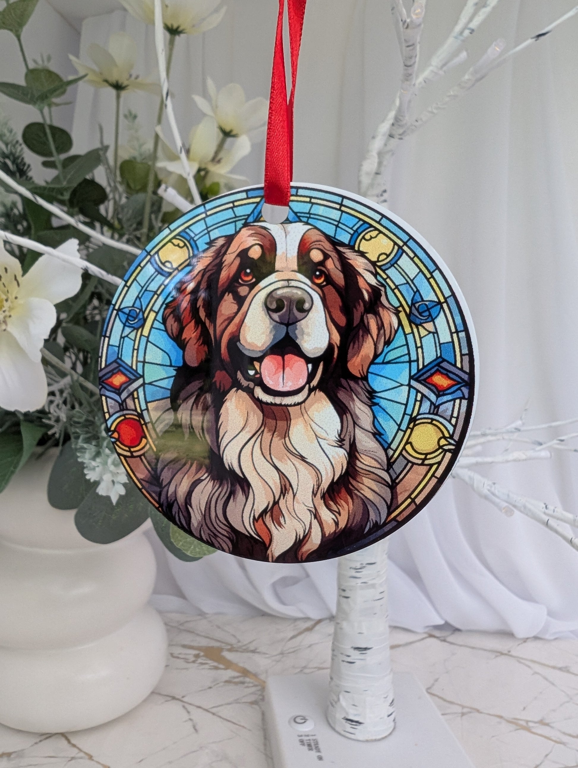 Stained glass effect, round, Newfoundland Dog ornament on an aluminium base.  