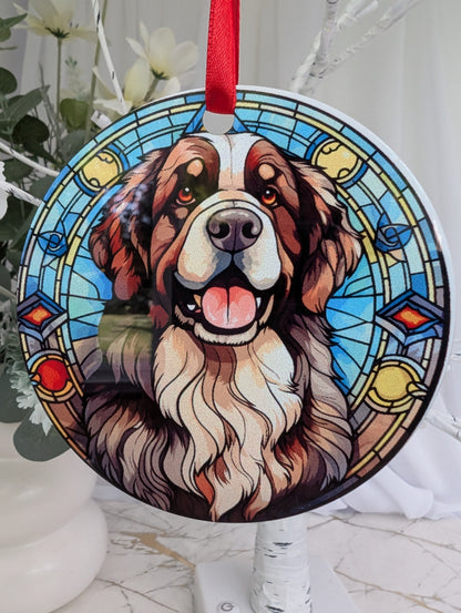 close up of round, Stained glass effect, Newfoundland Dog ornament on an aluminium base.  