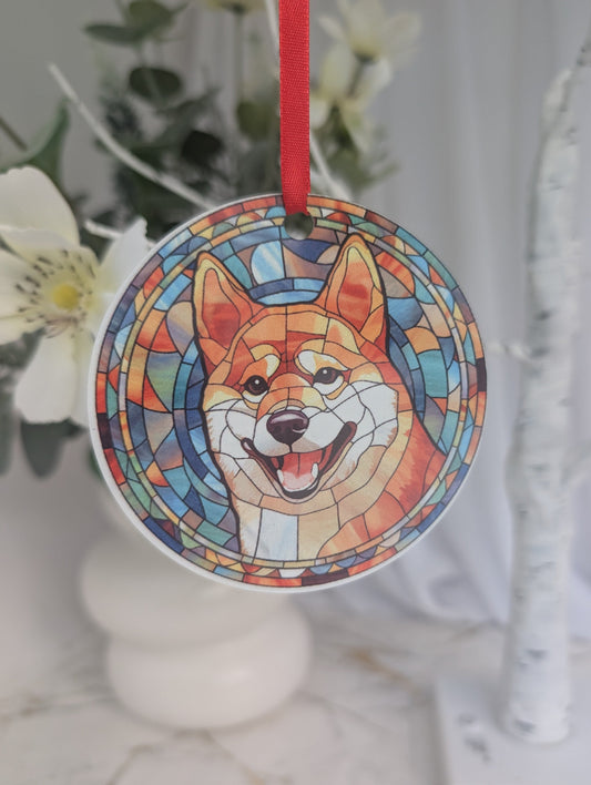 Round, multi colour, stained glass style Shiba Inu hanging ornament