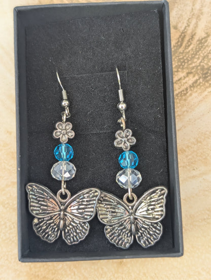 Handmade Silvertone Butterfly Earrings with Turquoise Beads